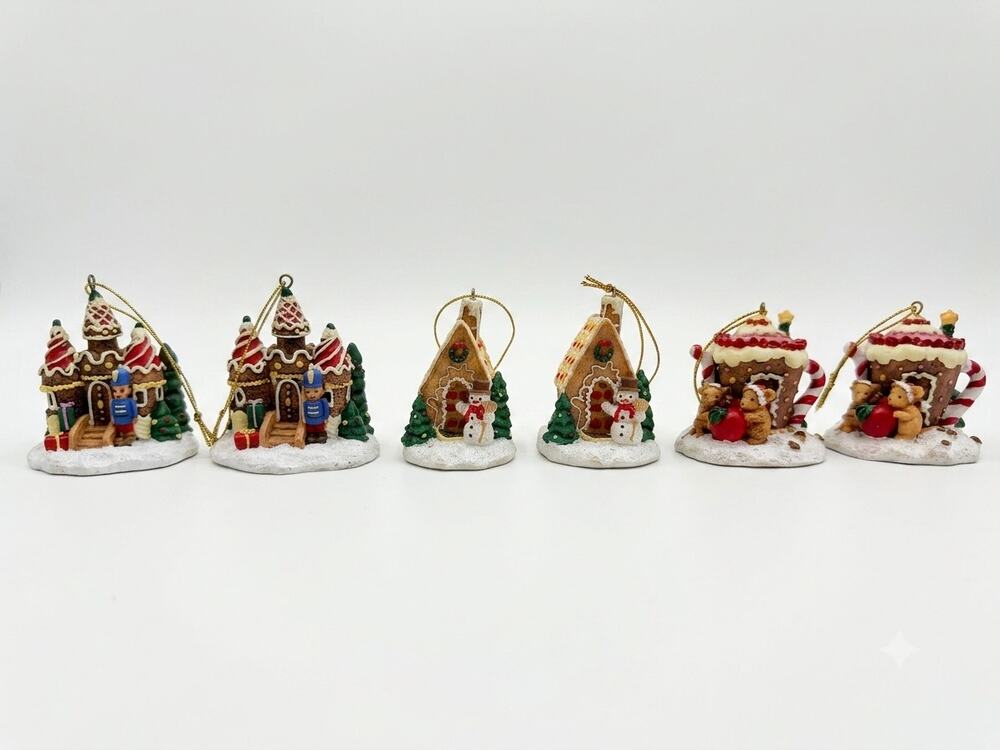 Vintage Mini Gingerbread House Christmas Ornaments Resin Set of 6, Miniature